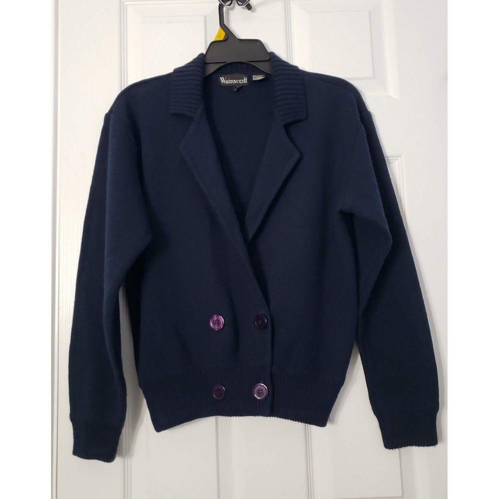 Wainscott Womans, Lambswool Sweater Navy Blue double buttons front Size Small